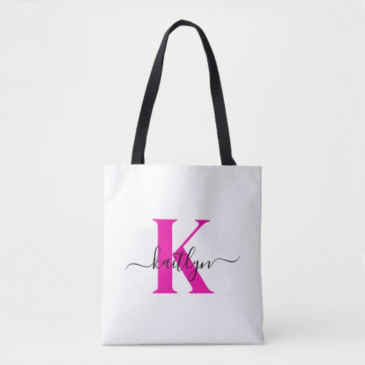 Heet Roze Zwarte Initiële Naam Monogram Tote Bag (Voorkant)