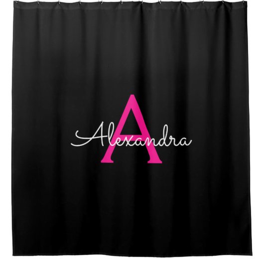 Heet Roze Zwarte Meisjesachtige Script Monogram Na Douchegordijn (Voorkant)