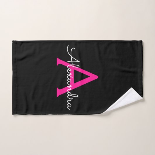 Heet Roze Zwarte Meisjesachtige Script Monogram Na Handdoek (Handdoek)