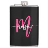 Heet Roze Zwarte Monogram Meisjes Bachelorette Fee Heupfles (Voorkant)