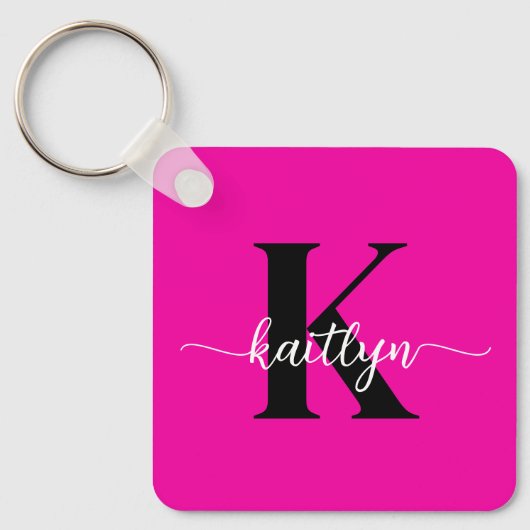 Heet Roze Zwarte Monogram Sleutelhanger (Voorkant)