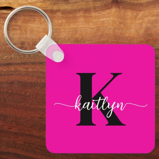 Heet Roze Zwarte Monogram Sleutelhanger (Voorkant)