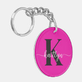 Heet Roze Zwarte Monogram Sleutelhanger (Voorkant Links)
