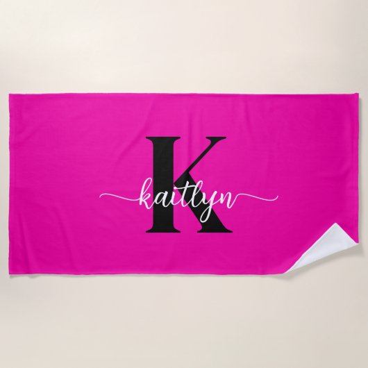 Heet Roze Zwarte Monogram Strandlaken (Voorkant)