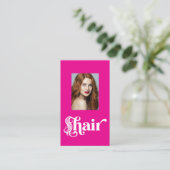 Heet Roze Zwarte Script Foto Kapper Visitekaartje (Staand voorkant)