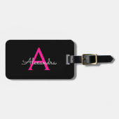 Heet Roze Zwarte Script Meisjesachtige Monogram Na Bagagelabel (Voorkant horizontaal)