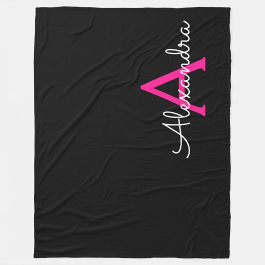 Heet Roze Zwarte Script Meisjesachtige Monogram Na Fleece Deken (Voorkant)