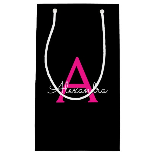 Heet Roze Zwarte Script Meisjesachtige Monogram Na Klein Cadeauzakje (Voorkant)