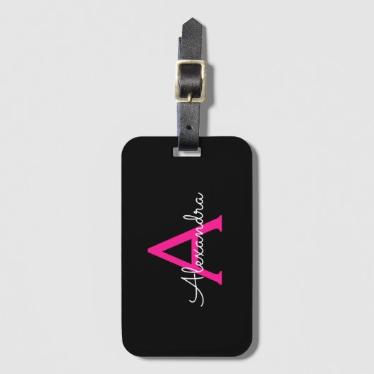 Heet roze zwarte script meisjesnaam monogram bagagelabel (Voorkant (verticaal))