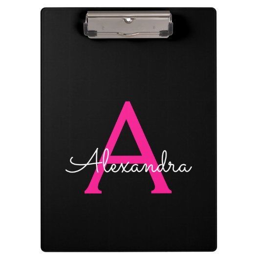 Heet roze zwarte script meisjesnaam monogram klembord (Voorkant)