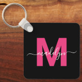 Heet Roze Zwarte Script Naam Monogram Sleutelhanger (Voorkant)