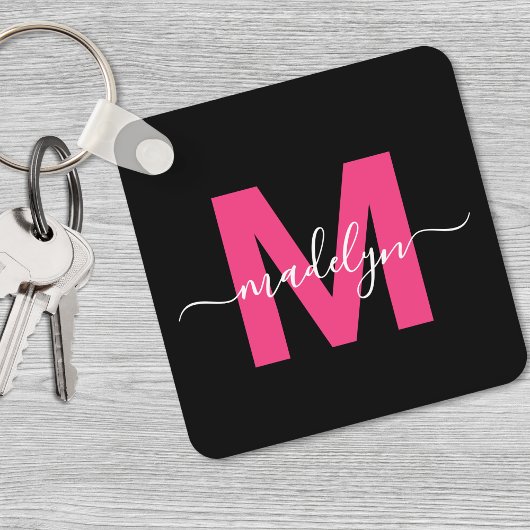 Heet Roze Zwarte Script Naam Monogram Sleutelhanger
