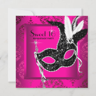 Heet Roze Zwarte Sweet 16 Maskerade Feest Kaart