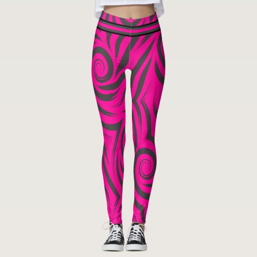 Heet Roze & Zwarte Swirls Leggings (Voorkant)