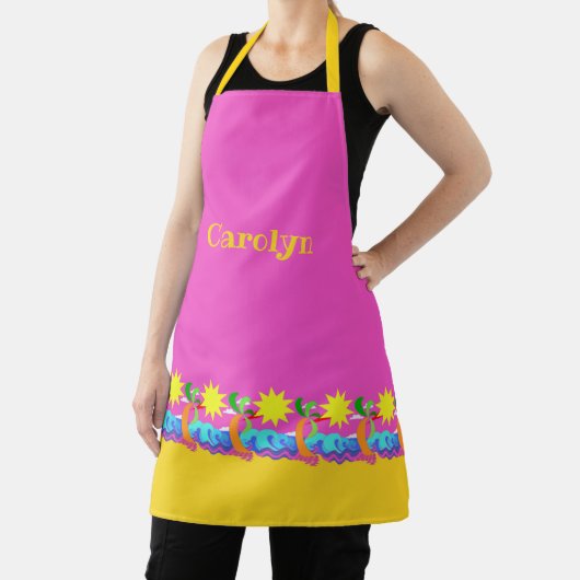 Heet tropisch strand, roze en geel, gepersonalisee schort (Insitu)