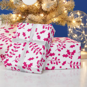 Heet Wit en Roze Kerstmis Holly Cadeaupapier