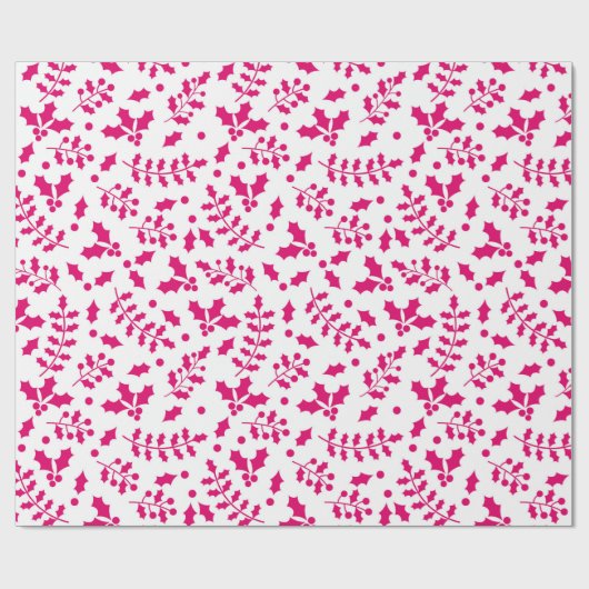 Heet Wit en Roze Kerstmis Holly Cadeaupapier (Vlak)