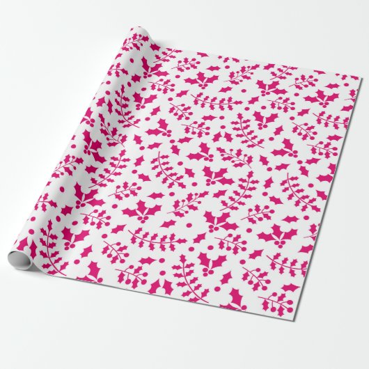 Heet Wit en Roze Kerstmis Holly Cadeaupapier (Uitgerold)