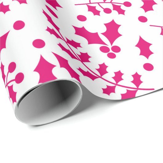 Heet Wit en Roze Kerstmis Holly Cadeaupapier (Rol Hoek)