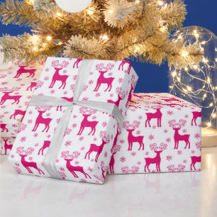 Heet Wit & Roze Winter Kerst Rendier Cadeaupapier