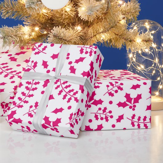 Heet Wit & Roze Winter Kerstmis Hulst Cadeaupapier (Feestdagen)