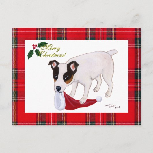 Hefboom Russell Terrier Christmas Tartan Feestdagenkaart (Voorkant)