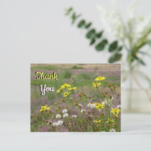 Heide en witte gele bloemen DANK JE Postkaart (Staand voorkant)