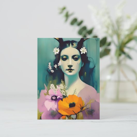 Heidense vrouw die roze Oranje bloemen schildert Briefkaart (Staand voorkant)