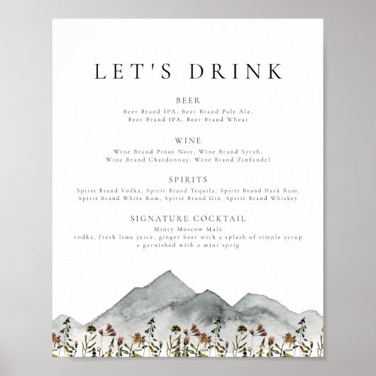 HEIDI Boho Mountain Flower Let's Drink Bar Menu Poster (Voorkant)