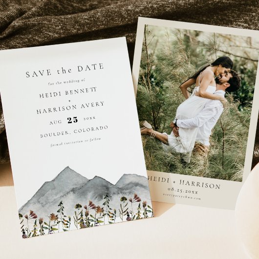 HEIDI Boho Mountain Wildflower Foto Save the Date Kaart