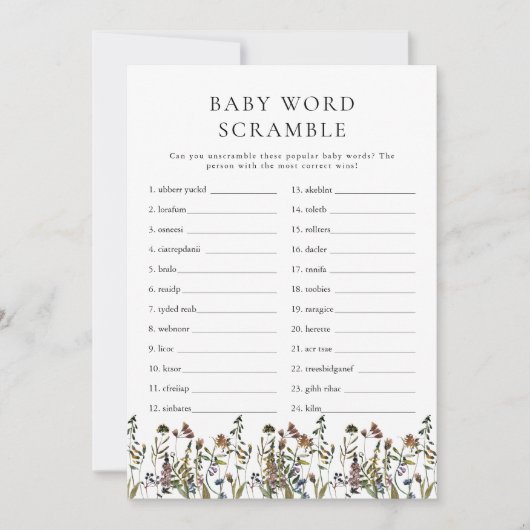 HEIDI Boho Wildflower Baby Word Scramble Game Kaart (Voorkant)