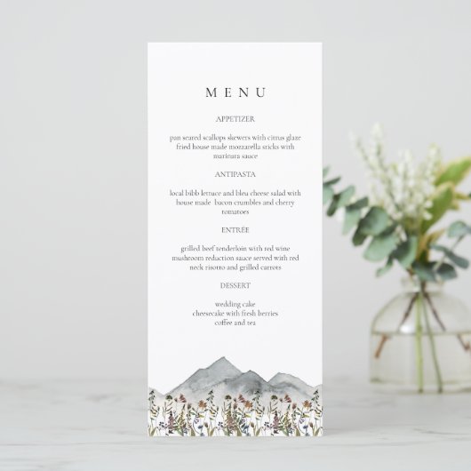 HEIDI Boho Wildflower Mountain Dinner Menu Kaarten (Staand voorkant)