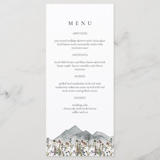 HEIDI Boho Wildflower Mountain Dinner Menu Kaarten (Voorkant)