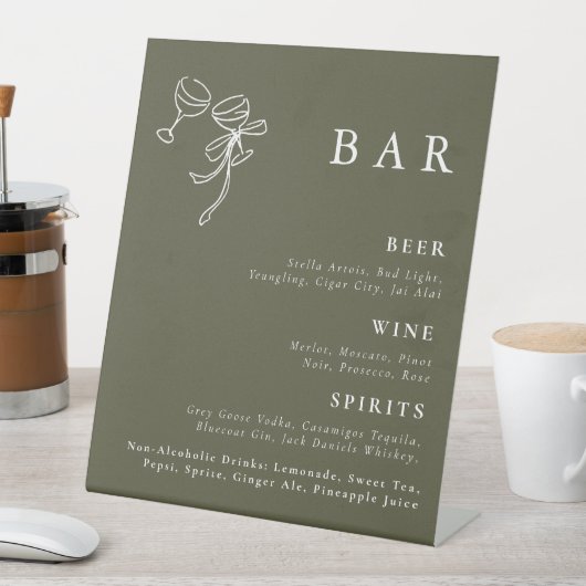 HEIDI Olive Green Wedding Bar Sign Reclamebord Met Voetstuk (Insitu)