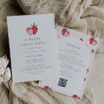 HEIDI QR Berry Sweet Strawberry Meisje Baby shower Kaart<br><div class="desc">Deze QR berry sweet strawberry girl baby shower uitnodiging van het Heidi Collectie is ideaal voor een lente of zomer baby shower. Het unieke boho-design heeft schattige picknick aardbeien in rood, roze en wit. Personaliseer de achterkant met een geslachtsmededeling, boeken voor baby, luierloterij, register QR-code en / of andere aanvullende...</div>