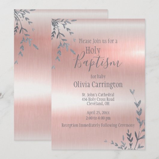 Heilig Baptisme Roze Metallic Script Christening Kaart (Voorkant / Achterkant)