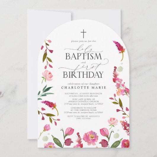 Heilig Doopsel & 1e Verjaardag Roze Bloemen Waterv Kaart (Voorkant)