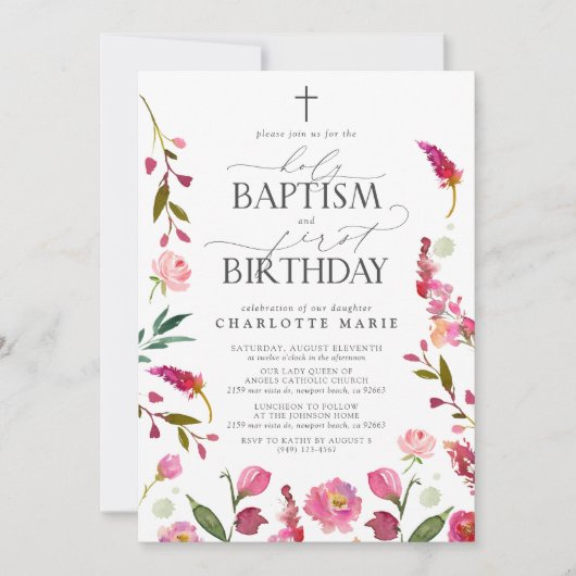 Heilig Doopsel & 1e Verjaardag Roze Bloemen Waterv Kaart (Voorkant)