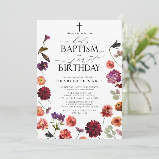 Heilig Doopsel & 1e Verjaardag Waterverf Bloemen Kaart (Staand voorkant)