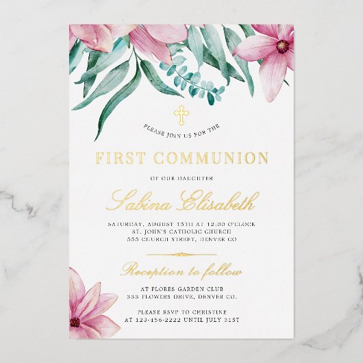 Heilig eerste communiqué florroze elegant goud folie uitnodiging (Voorkant)