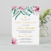 Heilig eerste communiqué florroze elegant goud folie uitnodiging (Staand Voorkant)