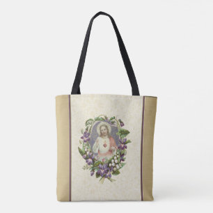 Heilig hart Jesus Katholieke Religieuze Floral Tote Bag