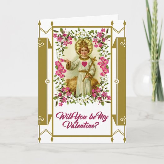 Heilig Hart Jesus Valentine Flowers Gold Border Feestdagen Kaart (Voorkant)