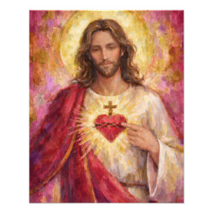 Heilig Hart Jezus Gouden Lijst Schilderij Impasto Foto Afdruk