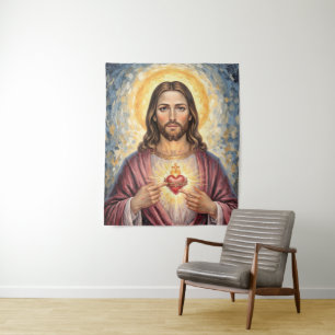 Heilig Hart Jezus Gouden Lijst Schilderij Impasto Wandkleed