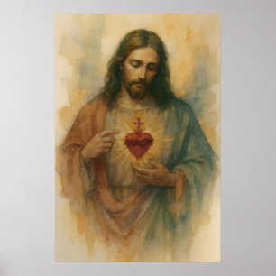 Heilig Hart van Jezus Aquarel Devotionele Kunst Poster