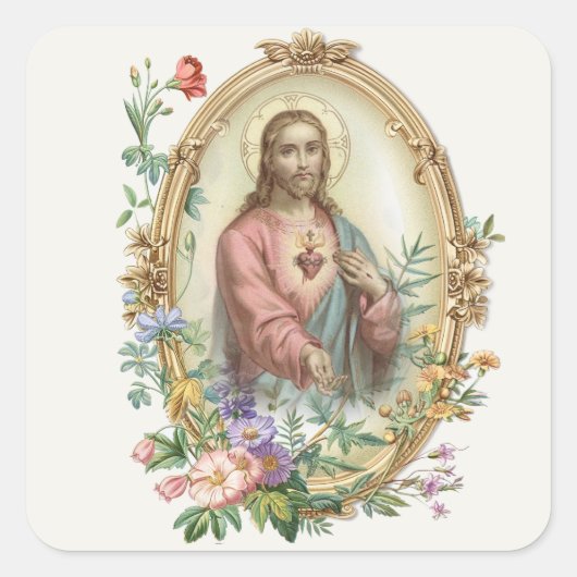 HEILIG HART VAN JEZUS BLOEMEN RELIGIEUS VIERKANTE STICKER (Voorkant)