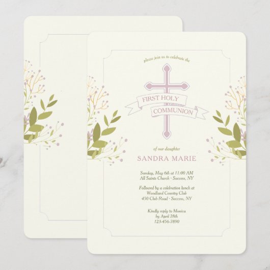 Heilig Kruis Eerste Heilige Communie Roze Kaart (Voorkant / Achterkant)