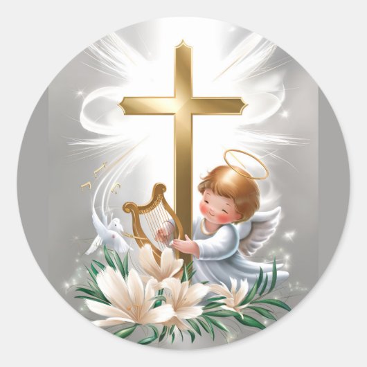 Heilig Kruis en Cupido Christelijk Ronde Sticker (Voorkant)