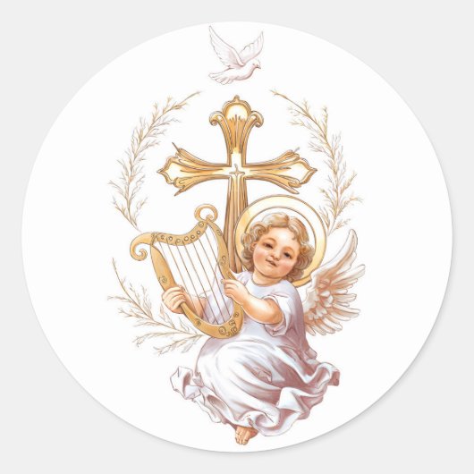Heilig Kruis en Cupido Christelijk Ronde Sticker (Voorkant)